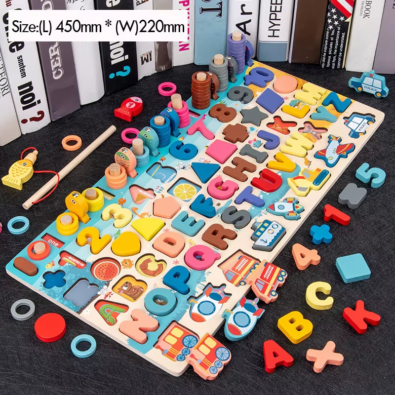 Wooden Number Puzzle Sorting Montessori Toys for Toddlers Shape Sorter Counting Fishing Game Educational Math Stacking Block