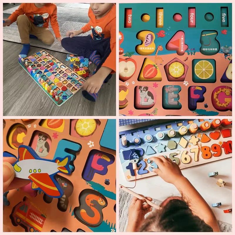 Wooden Number Puzzle Sorting Montessori Toys for Toddlers Shape Sorter Counting Fishing Game Educational Math Stacking Block