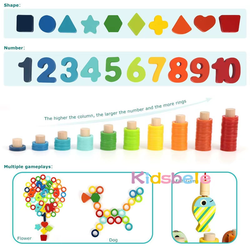 Wooden Number Puzzle Sorting Montessori Toys for Toddlers Shape Sorter Counting Fishing Game Educational Math Stacking Block