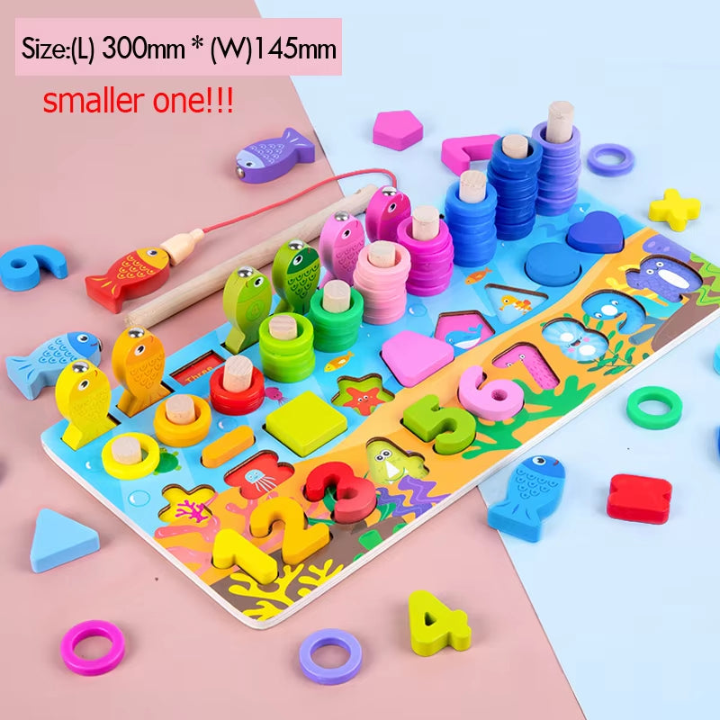 Wooden Number Puzzle Sorting Montessori Toys for Toddlers Shape Sorter Counting Fishing Game Educational Math Stacking Block