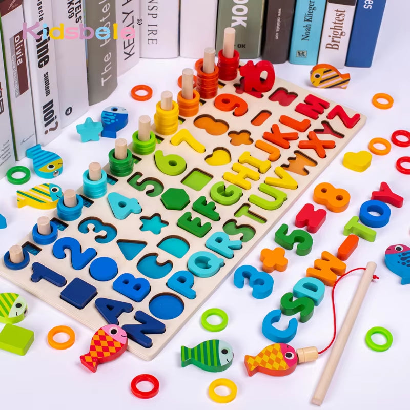 Wooden Number Puzzle Sorting Montessori Toys for Toddlers Shape Sorter Counting Fishing Game Educational Math Stacking Block