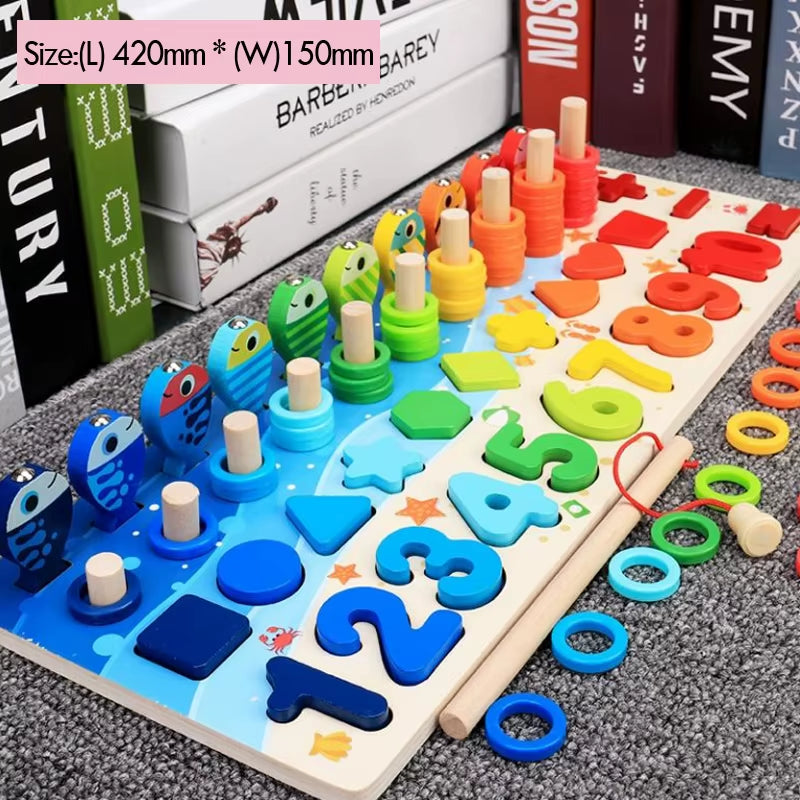 Wooden Number Puzzle Sorting Montessori Toys for Toddlers Shape Sorter Counting Fishing Game Educational Math Stacking Block